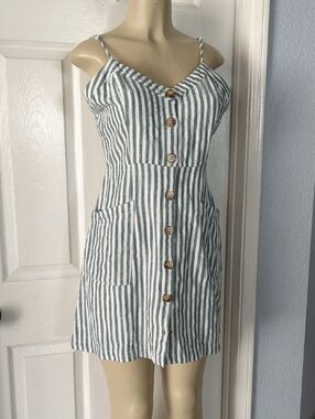 Lulu's Green and White Striped Button-Front Mini Dress Pit To Pit 19 Inch